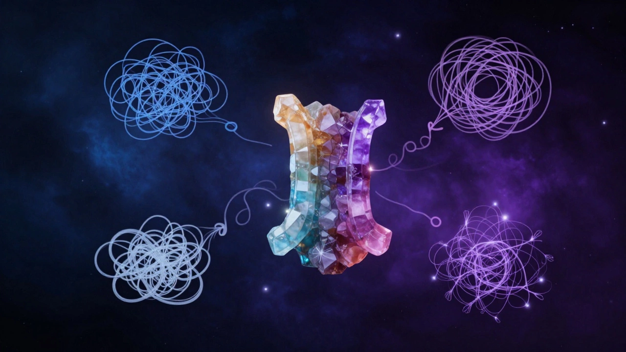 Многоцветный турмалин парибия в воздухе, вокруг него — упорядоченные и хаотичные мысли, символизирующие ясность ума.