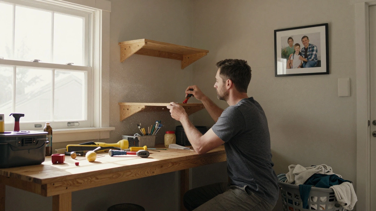 Мужчина чинит полку в гараже, инструменты и семейная фотография на фоне, мягкий свет из окна.
