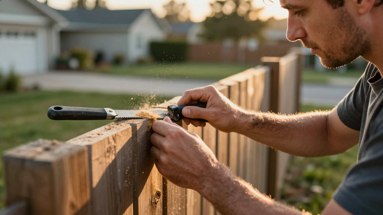Мужчина чинит забор на закате, руки в опилках, лицо спокойное, вокруг — тишина и естественный свет.