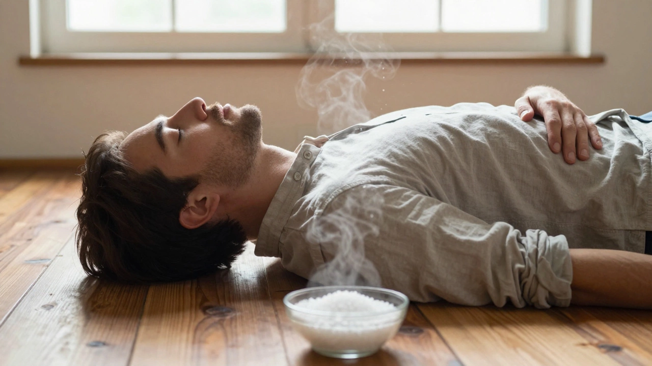 Мужчина лежит на полу, дышит глубоко, рядом — магниевая соль и солнечный свет.