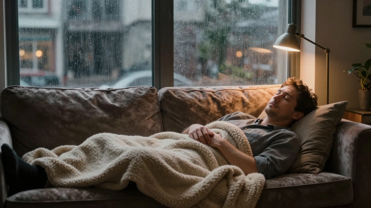 Мужчина лежит под пледом на диване, слушая дождь, без телефонов и экранов.