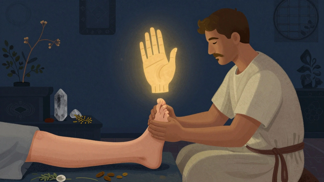 Мужчина массирует стопу женщины, вокруг — травы и символы энергии, без игл и медицинских инструментов.