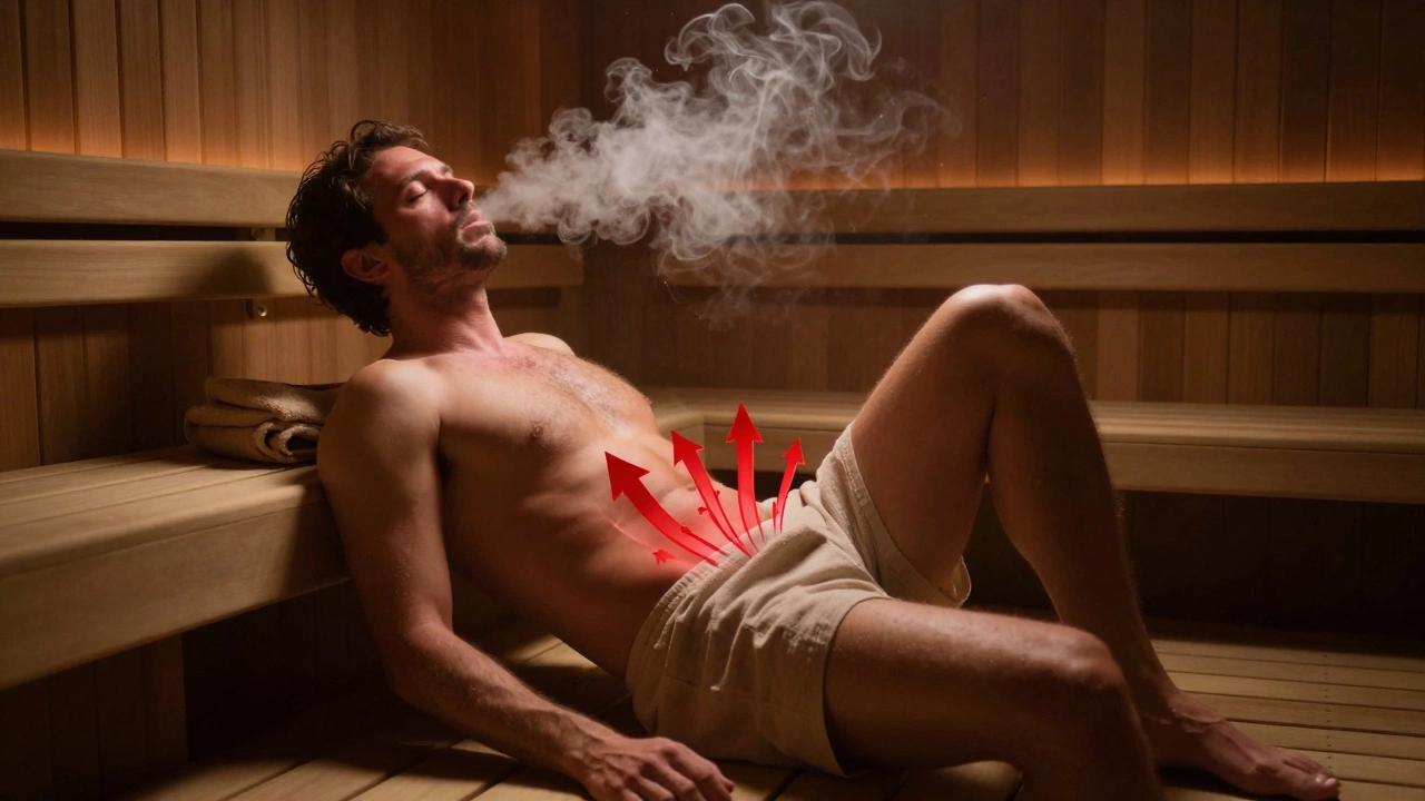 Мужчина после сауны дышит глубоко в прохладной комнате, пар выходит изо рта, направлен вниз.