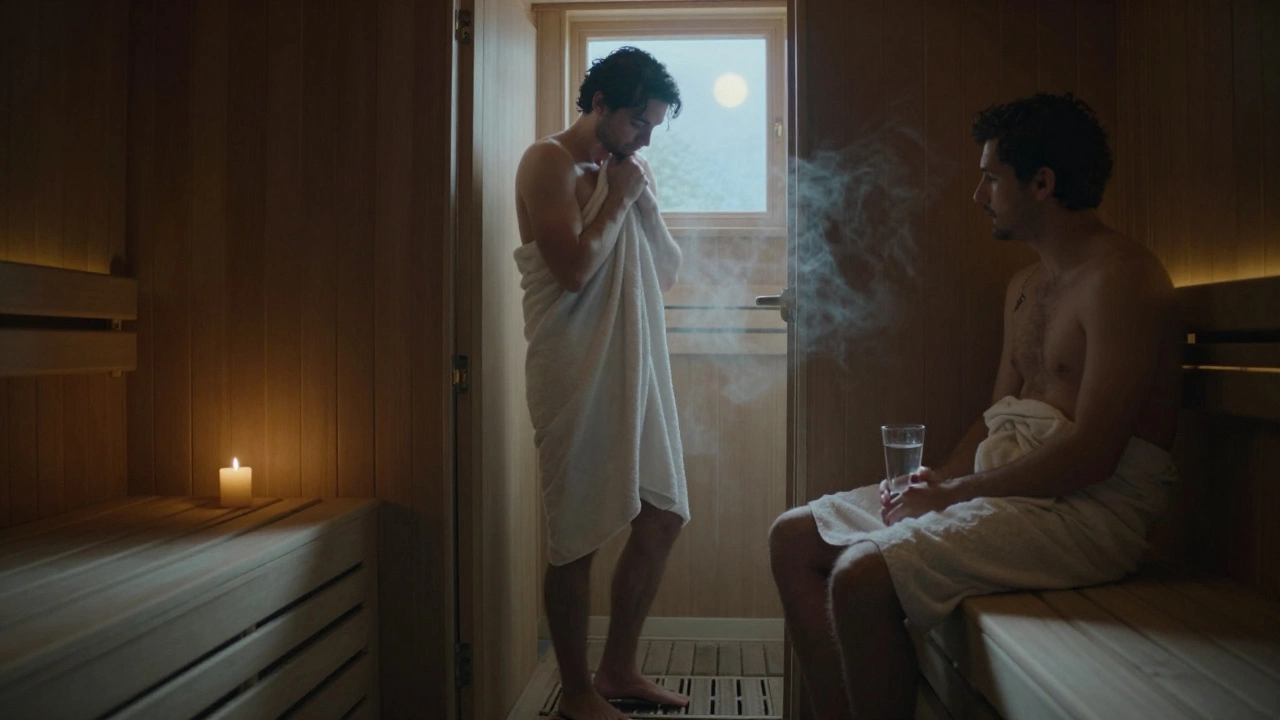 Мужчина после сауны, завернулся в полотенце, сидит в тишине с водой и свечой.