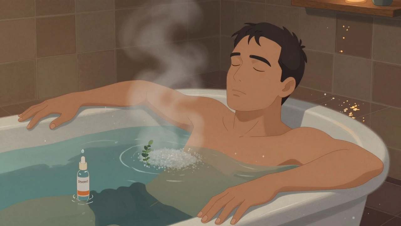 Мужчина принимает тёплую ванну с солью, свечи светят, пар поднимается, никаких гаджетов.