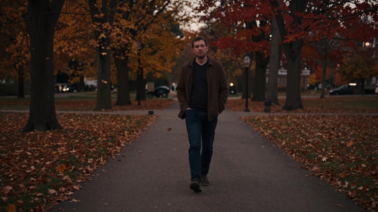 Мужчина спокойно гуляет по парку на закате, без наушников и телефона.