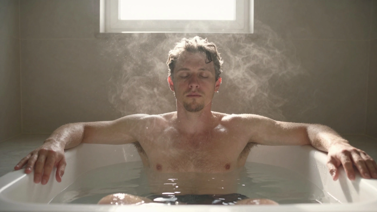 Мужчина в тёплой ванне с закрытыми глазами, без ароматов и пенки, в полной тишине.