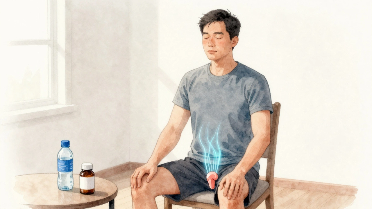 Мужчина выполняет упражнения Кегеля дома, сосредоточенный и расслабленный, с визуализацией укрепления мышц.