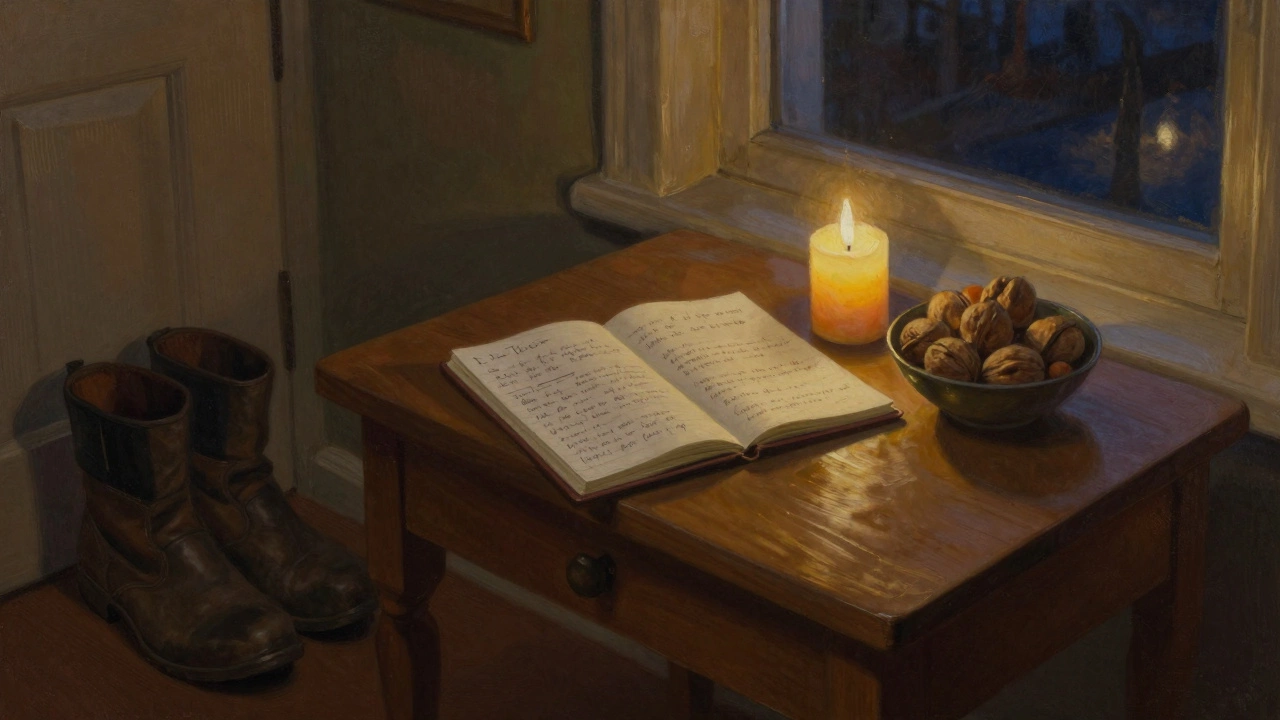 На столе тетрадь, свеча и грецкие орехи — момент уединения и самопознания.