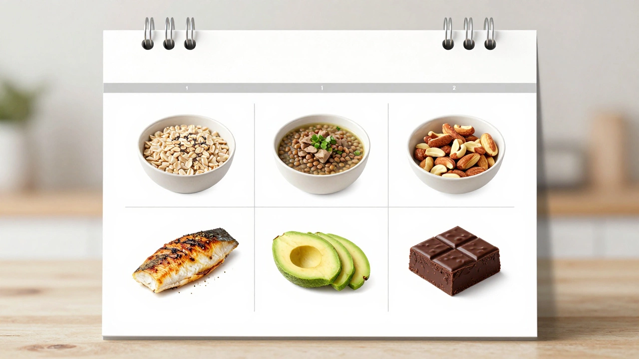 Недельный план питания с пятью простыми блюдами, символически изображенными на календаре без текста.