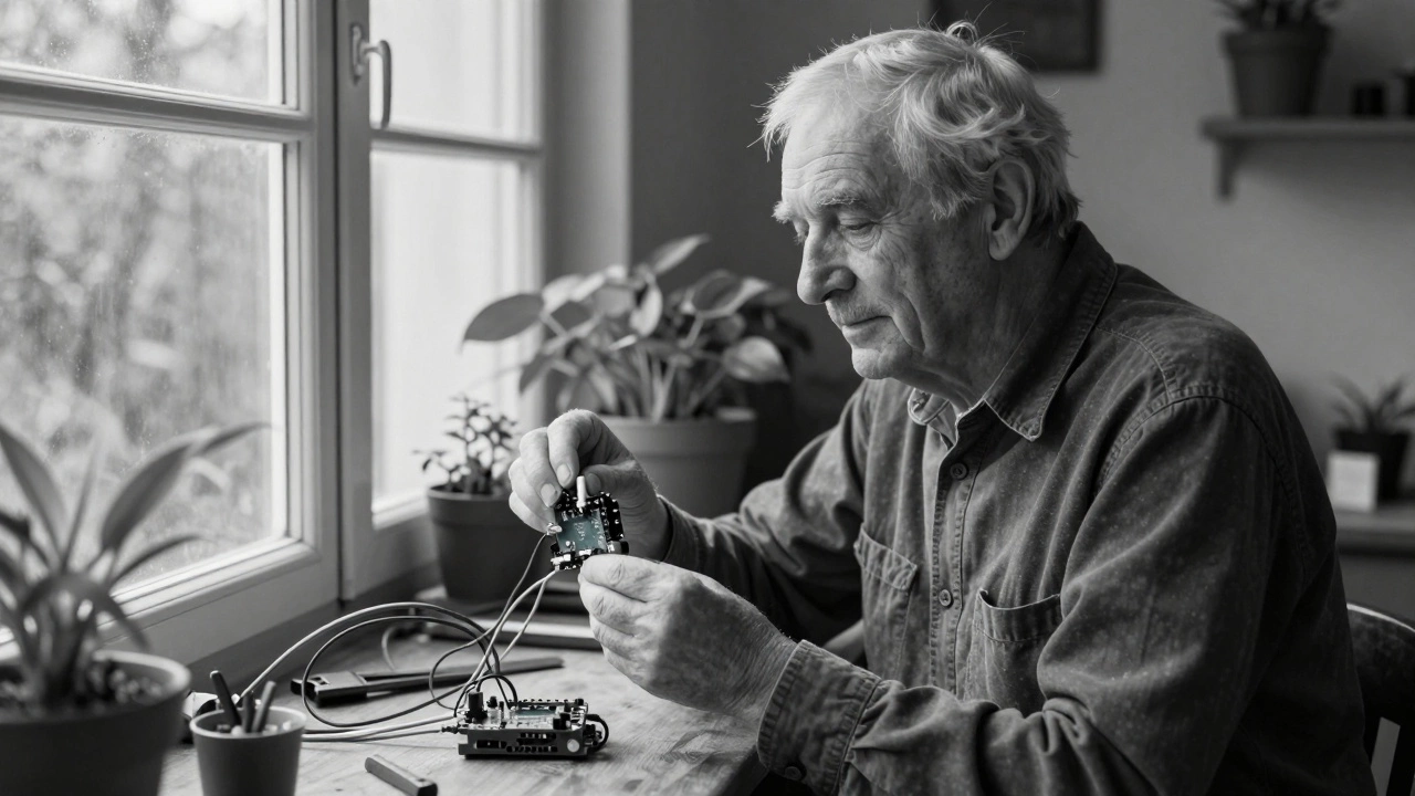 Пожилой мужчина держит самодельное устройство для теплицы, вокруг — провода и растения.