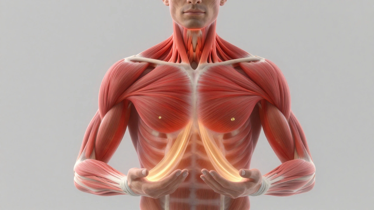 Прозрачное изображение мышц мужчины: напряжение красным, а тепло рассеивает его по спине.