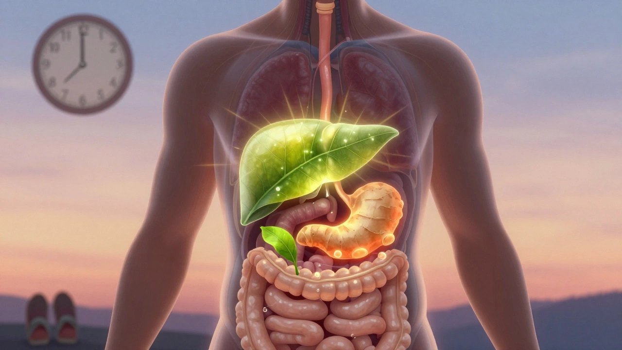 Прозрачный силуэт человека с активированными ферментами, расщепляющими жир при помощи чая.