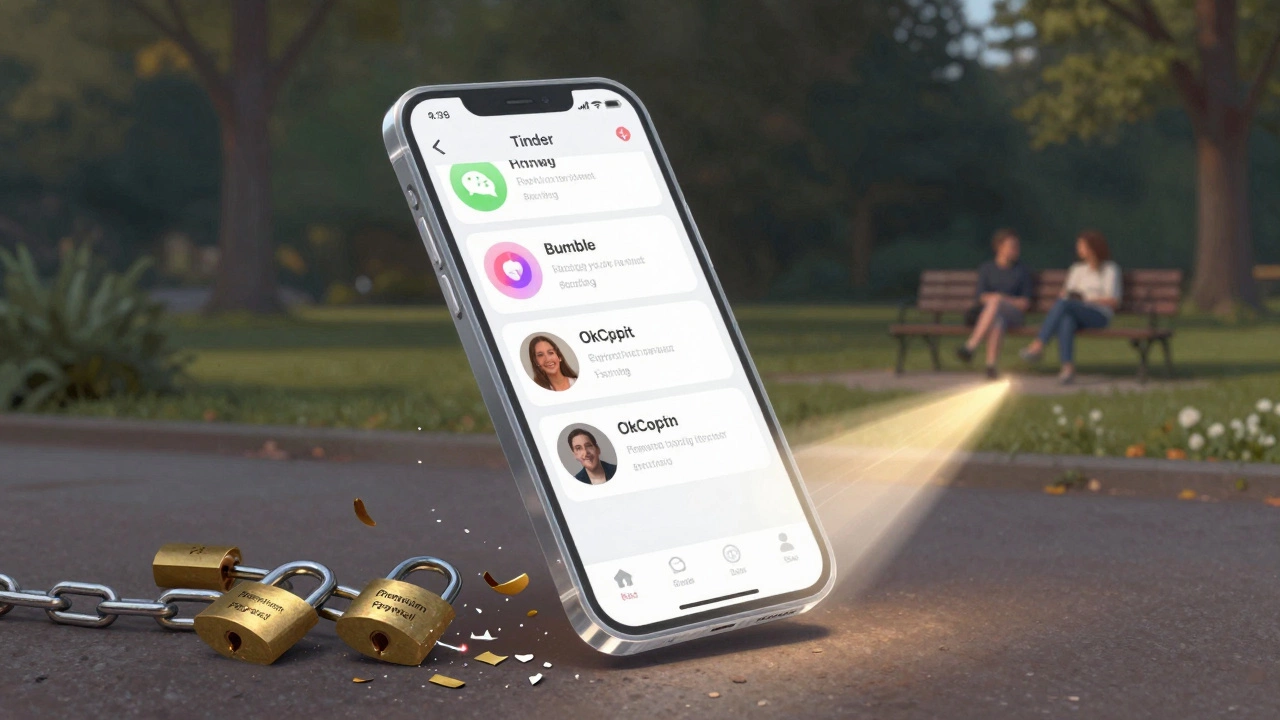 Прозрачный телефон с бесплатными функциями знакомств, сломанные замки платных подписок лежат внизу.