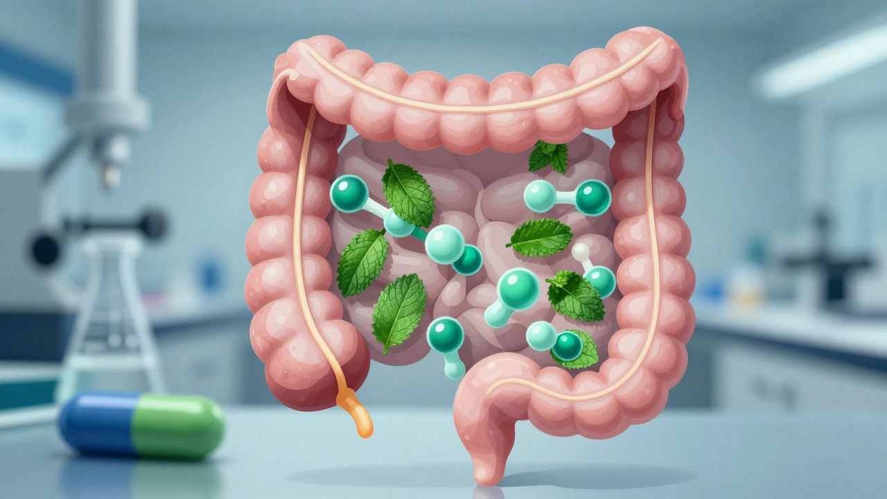 Схема действия ментола в кишечнике: молекулы расслабляют мышцы.