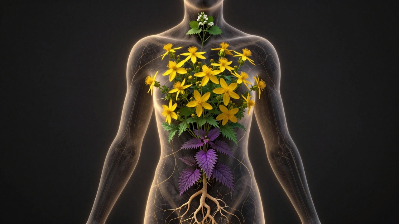 Силуэт человека, заполненный травами: зверобой, ромашка и крапива, символизирующие их лечебные эффекты.