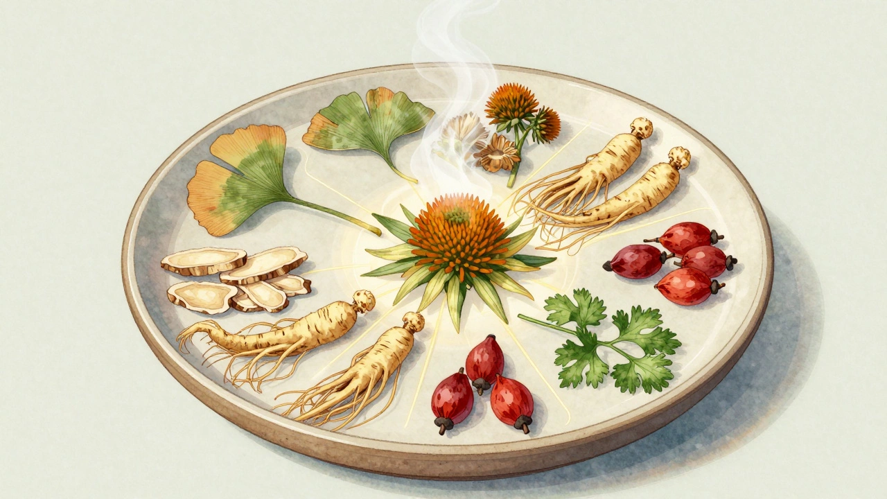 Смесь из 12-15 лекарственных растений в керамической миске, соединенных энергетическими линиями.