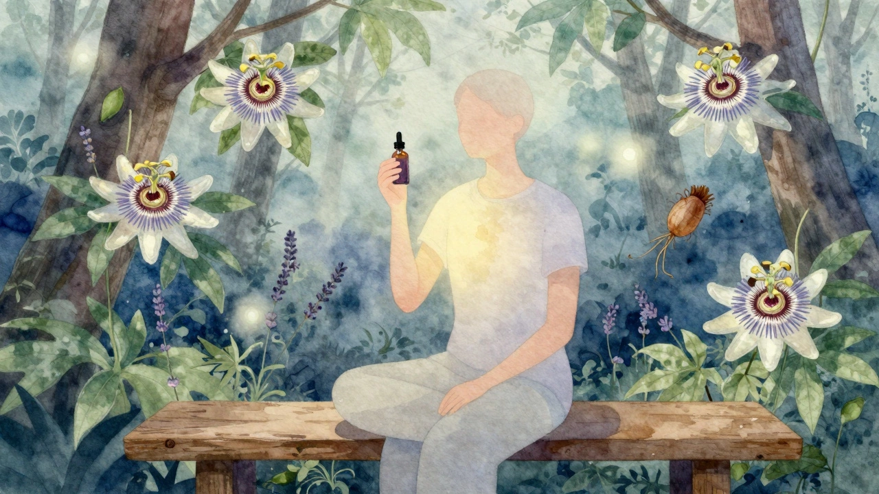 Спокойная фигура в лесу с флаконом лаванды, вокруг летят листья трав, атмосфера умиротворения.