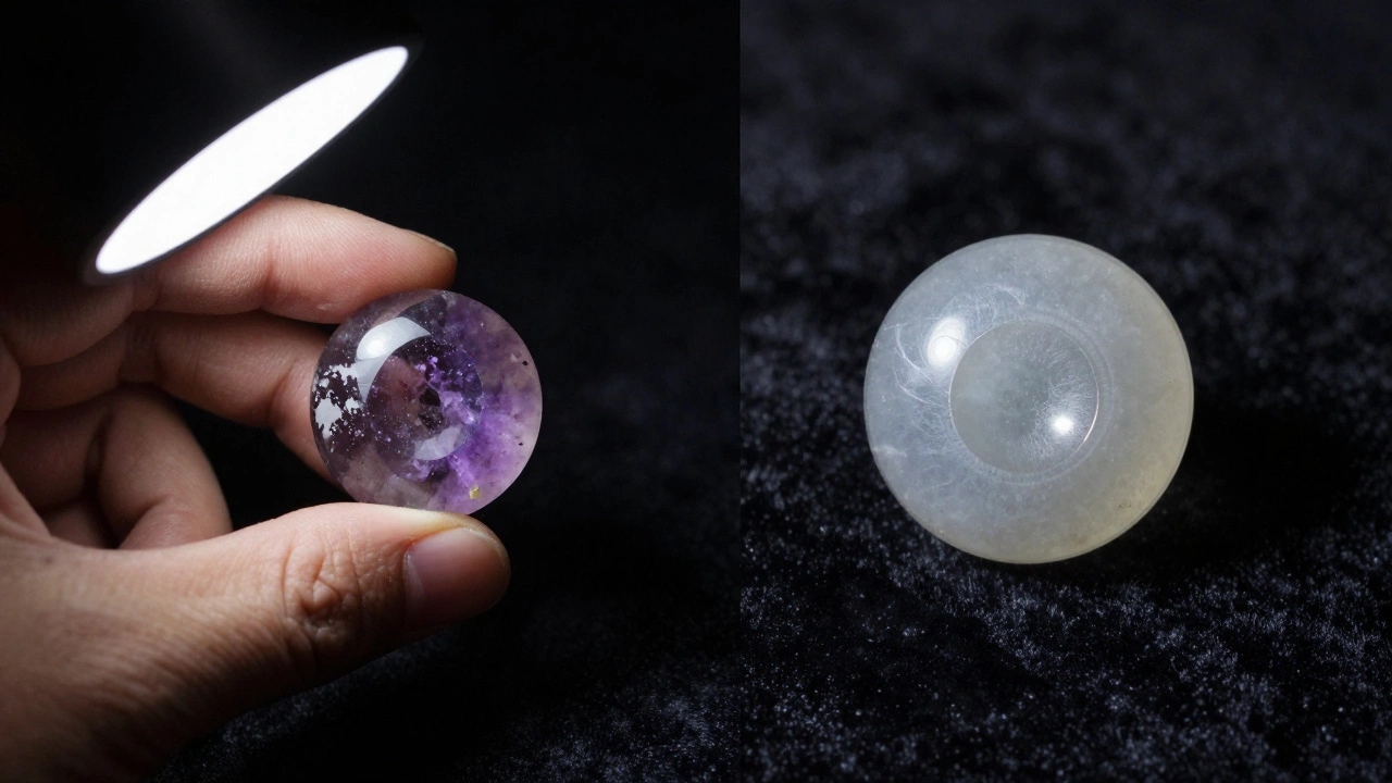 Сравнение настоящего турмалина и пластиковой подделки по текстуре и весу.