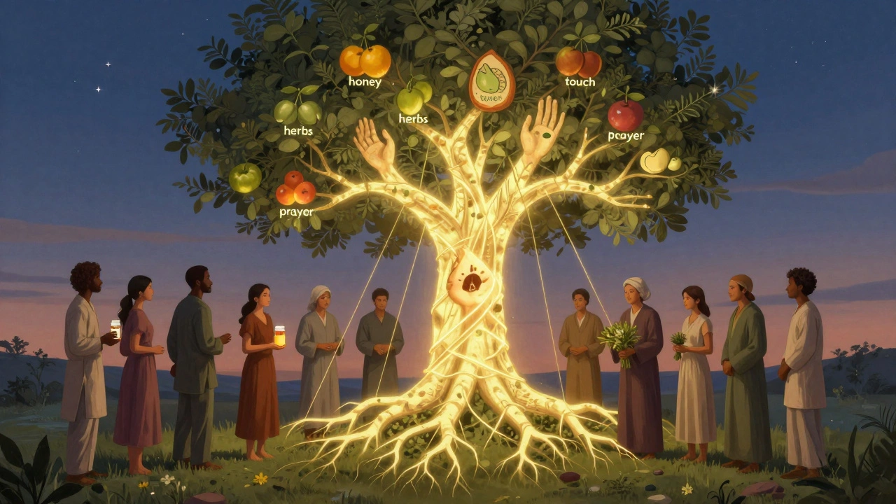 Светящееся дерево с корнями-руками и плодами, символизирующее единство народной и официальной медицины.