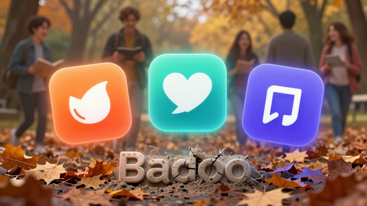 Три современных приложения для знакомств светятся над разрушающимся логотипом Badoo среди осенних листьев.