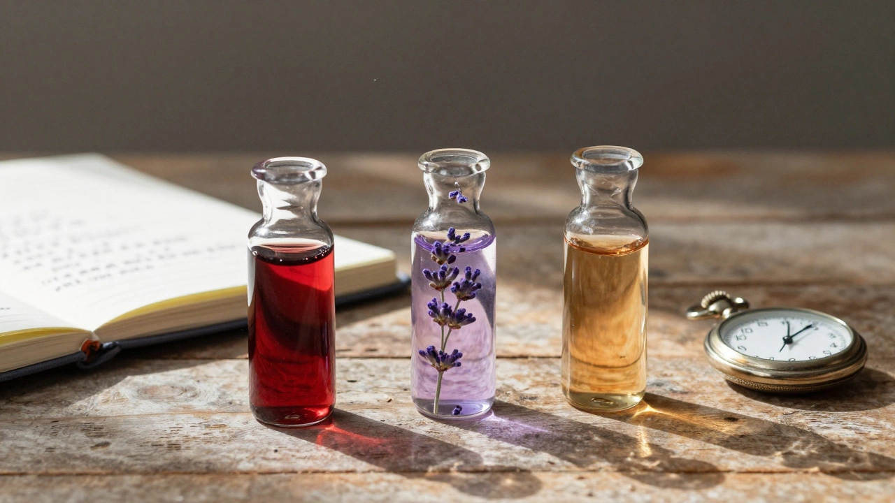 Три стеклянные флакона с травяными экстрактами на деревянном столе, рядом блокнот и часы.