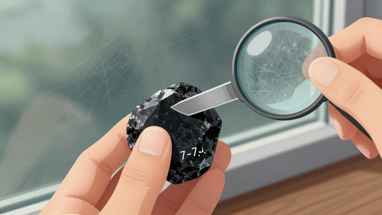 Турмалин царапает стекло, но не поцарапан ножом — демонстрация твердости.