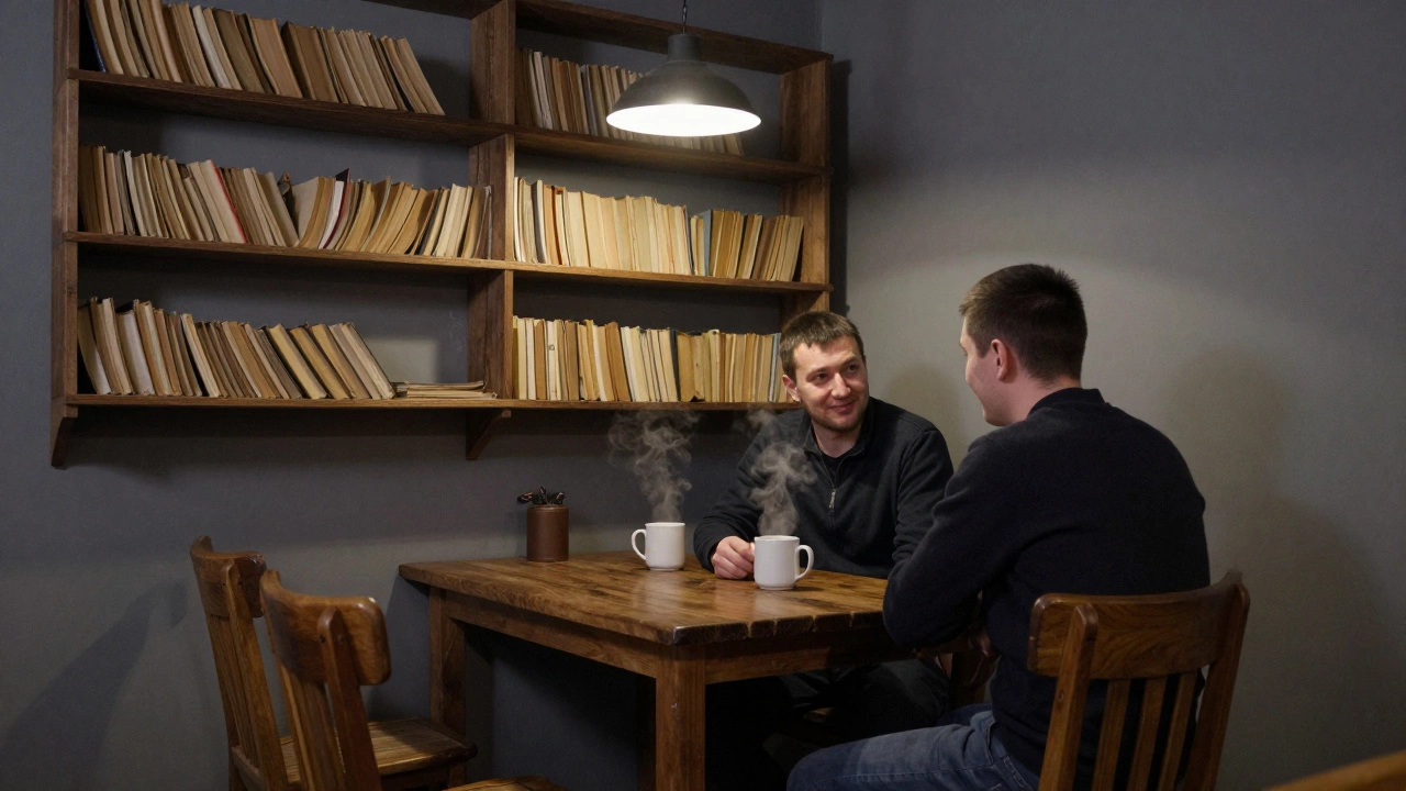 В тихом баре 'Лесной' двое пьют кофе, рядом полки с книгами, свет лампы создает уютную атмосферу.