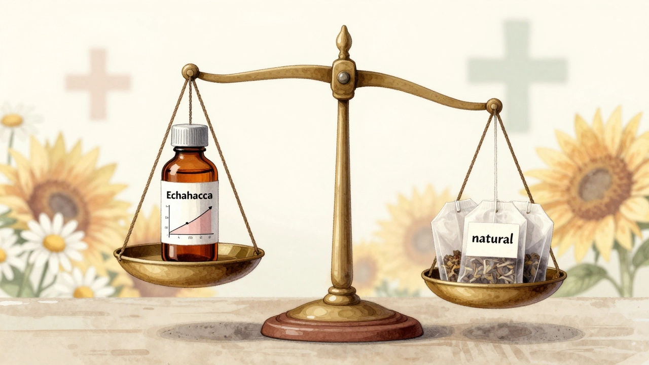 Весы с экстрактом эхинацеи и пакетиками травяных чаев, фон с ромашками и подсолнухами.