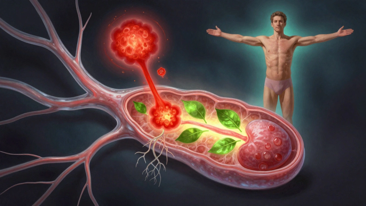 Здоровая простата с исчезающим воспалением, окруженная кровеносными сосудами и растениями, символизирующая восстановление без лекарств.