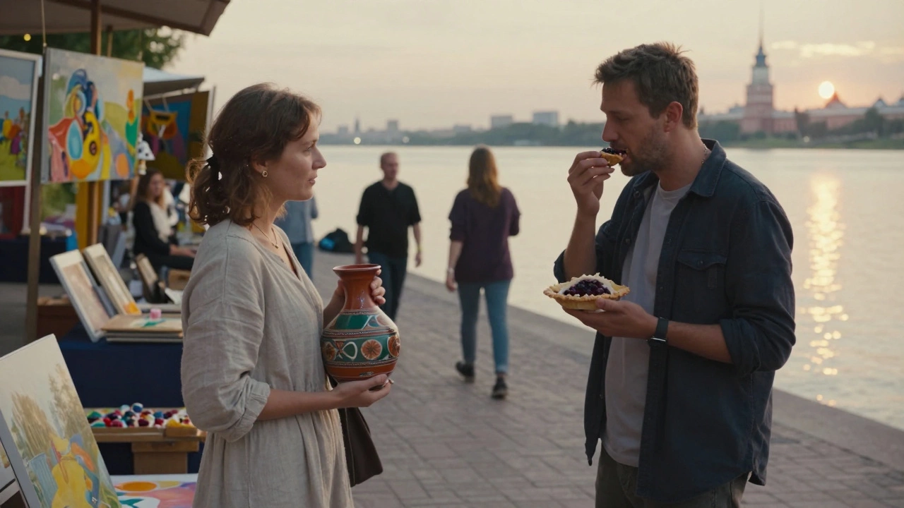 Женщина держит керамическую вазу на арт-ярмарке у реки, мужчина ест пирог с малиной.