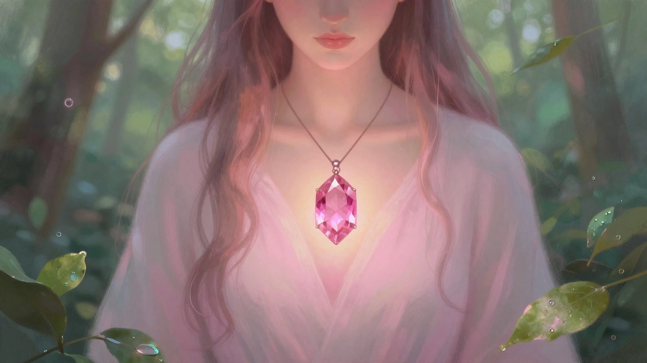 Женщина в розовом турмалиновом кулоне стоит в лесу на рассвете, камень мягко раскрывает её сердце.