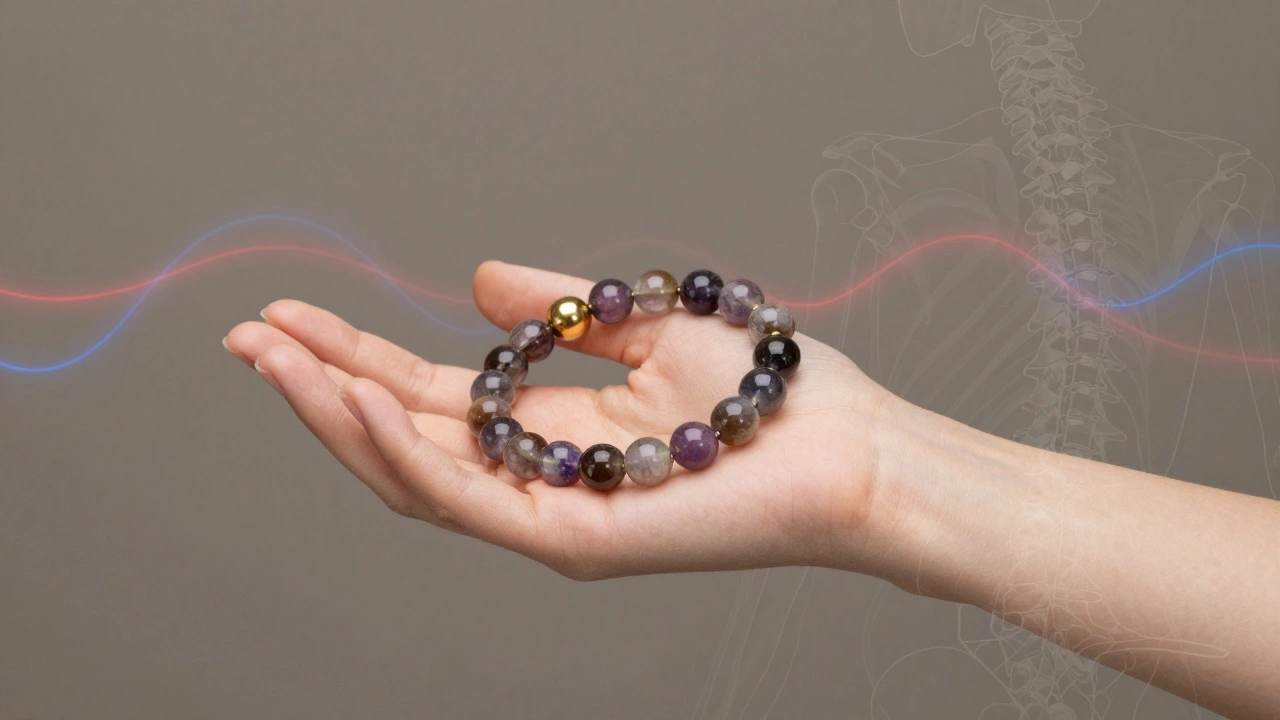 Абстрактное изображение руки с браслетом, окружённой энергетическими линиями, символизирующими кровоток и магнитное поле.