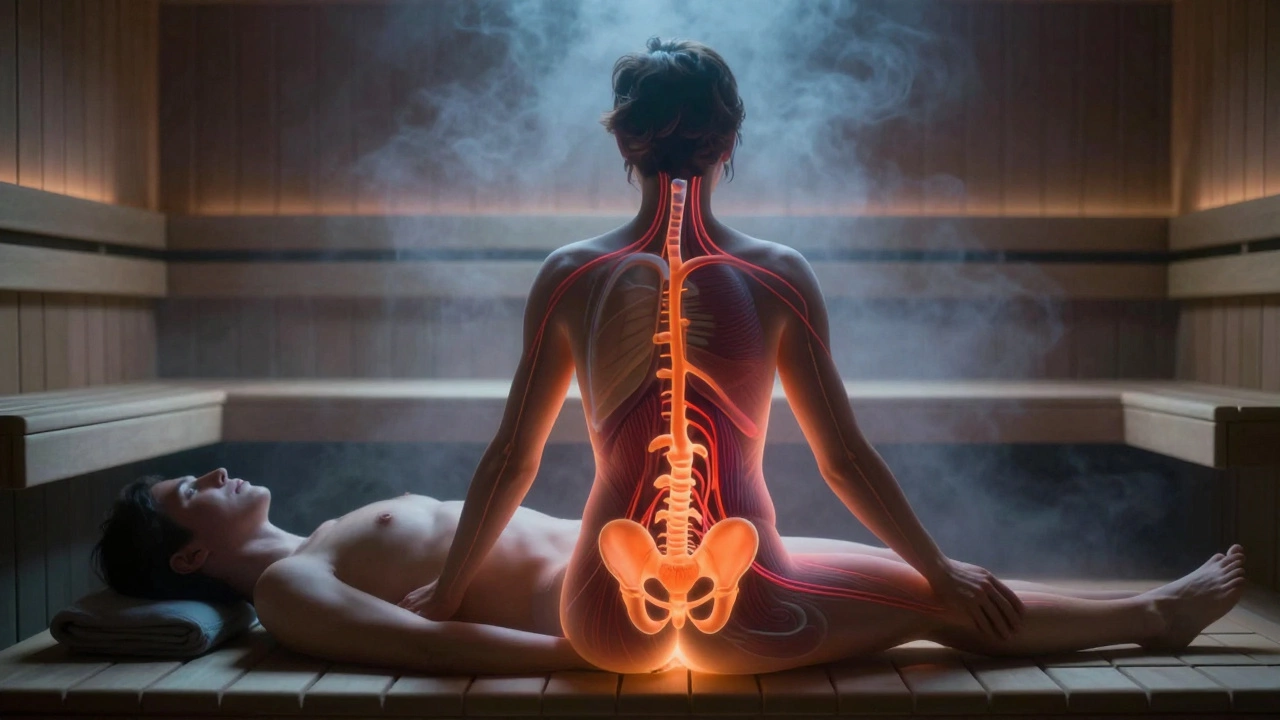 Анатомическая схема таза с тёплым кровотоком, на фоне расплывчатой сауны.
