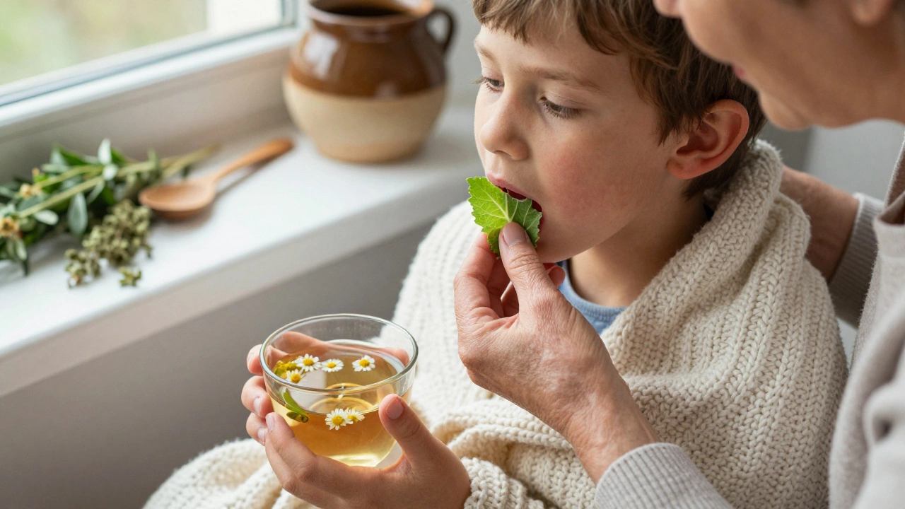 Бабушка прикладывает лист капусты к горлу ребёнка, который пьёт ромашковый чай.