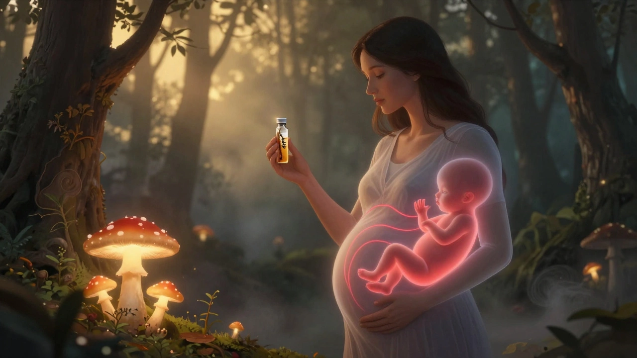 Беременная женщина с бутылочкой кордицепса на фоне мистического леса