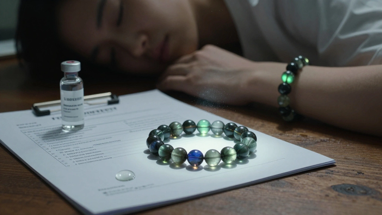 Браслет из турмалина на столе рядом с лабораторным отчётом и каплей воды, в тени — спящий человек.