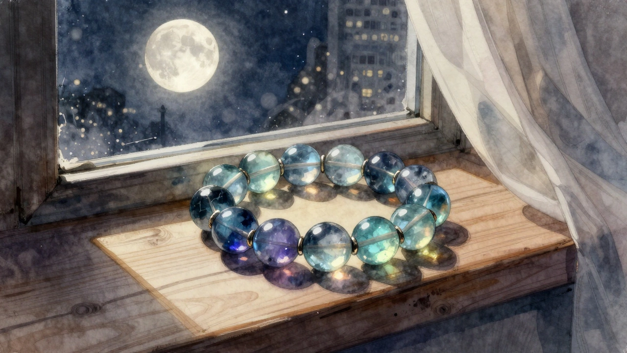 Браслет из турмалина заряжается лунным светом на подоконнике.