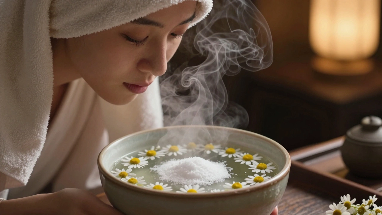 Человек дышит паром из миски с ромашкой и содой, накрывшись полотенцем.