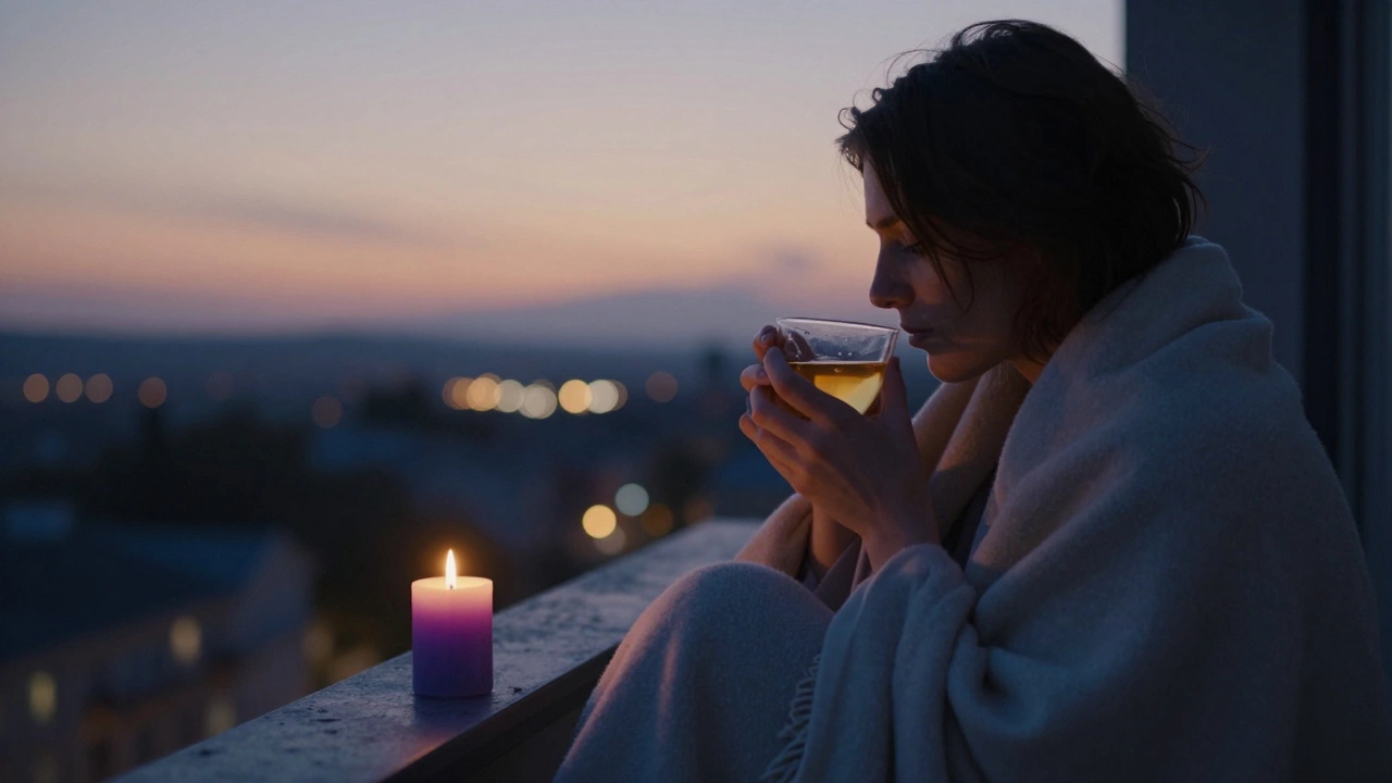 Человек пьет валериановый чай на балконе на закате с лавандовой свечой.