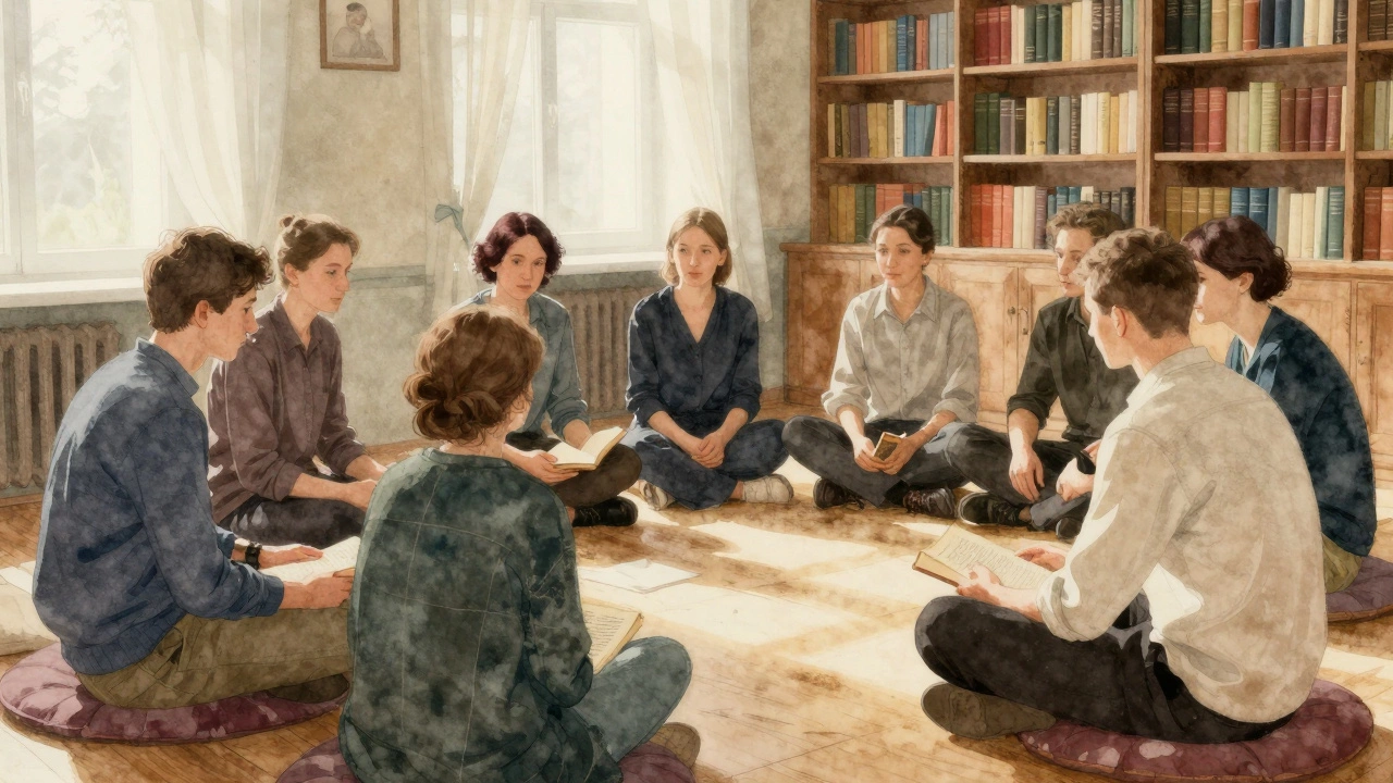 Группа людей обсуждает книгу в теплой комнате, полной книг, без гаджетов, в атмосфере спокойного диалога.