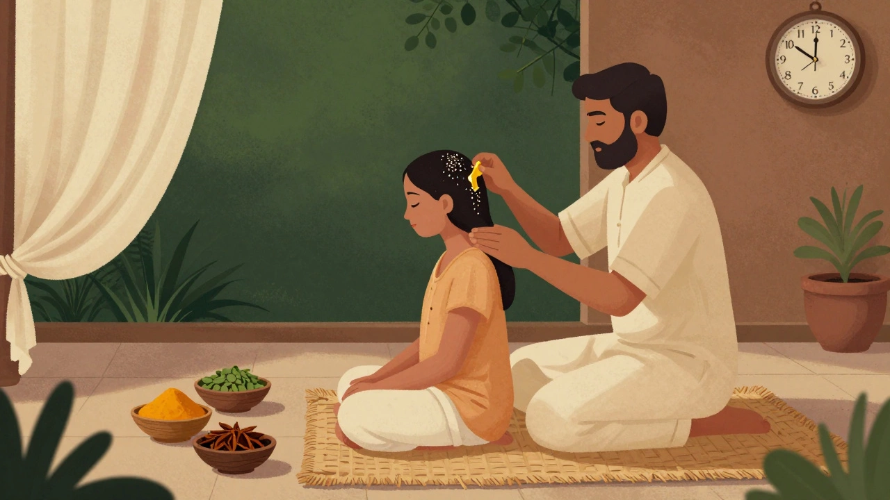 Индийский практик аюрведы делает массаж маслом в солнечном дворе с травами и специями.