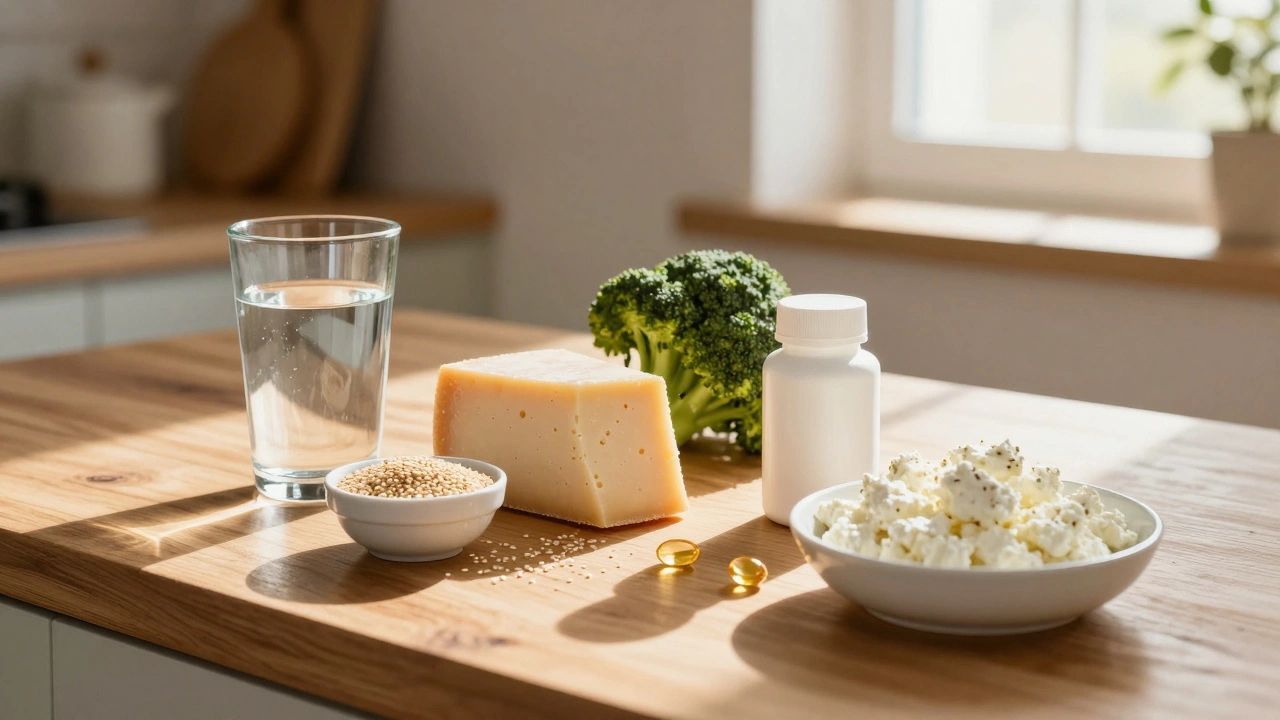 Кальций-богатые продукты на деревянной стойке с солнечным светом и добавкой витамина D