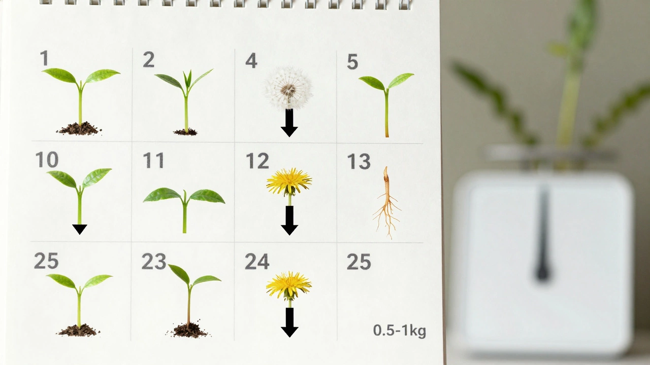 Календарь с 12 неделями и растениями, показывающий постепенную потерю веса 0,5–1 кг в неделю.