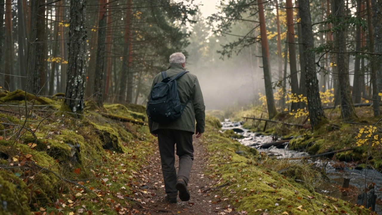 Мужчина гуляет без телефона в лесу, окруженный осенними деревьями.