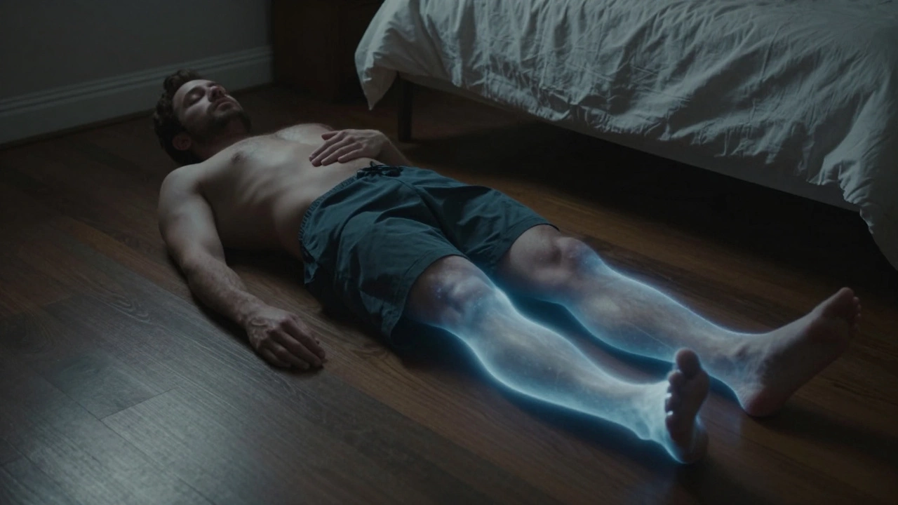 Мужчина лежит на полу, расслабляя мышцы по телу в технике прогрессивной релаксации.