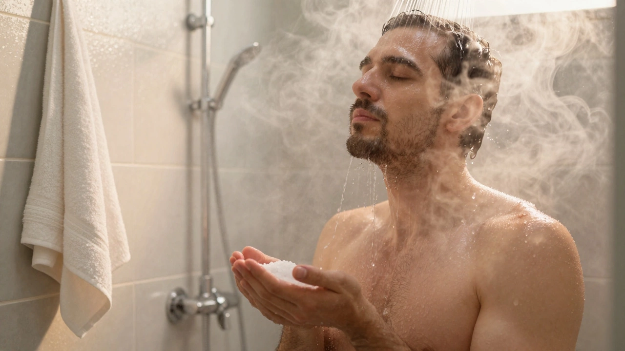 Мужчина под теплым душем, вода стекает по телу, пар поднимается вокруг него.