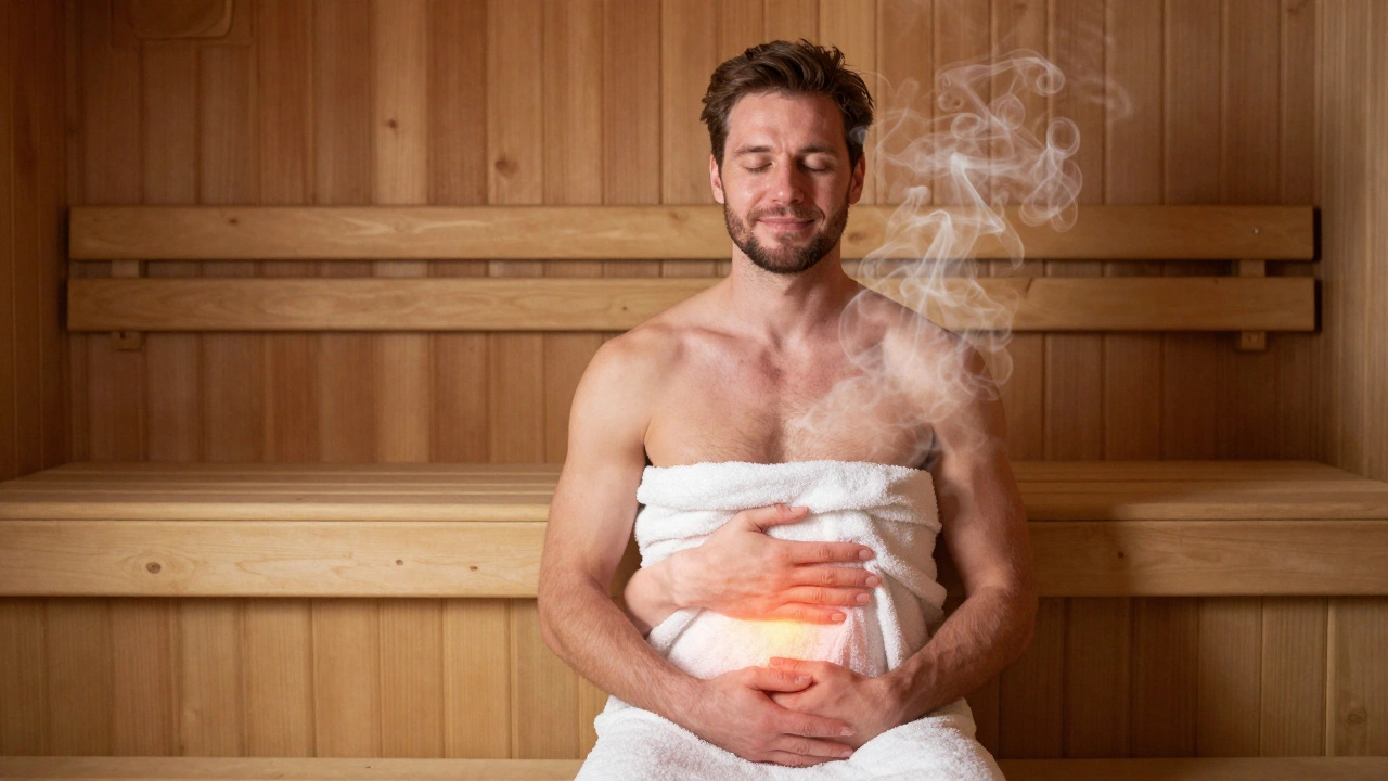Мужчина в сауне, расслабленный и спокойный, символизирующий внутреннее исцеление через тепло и заботу.