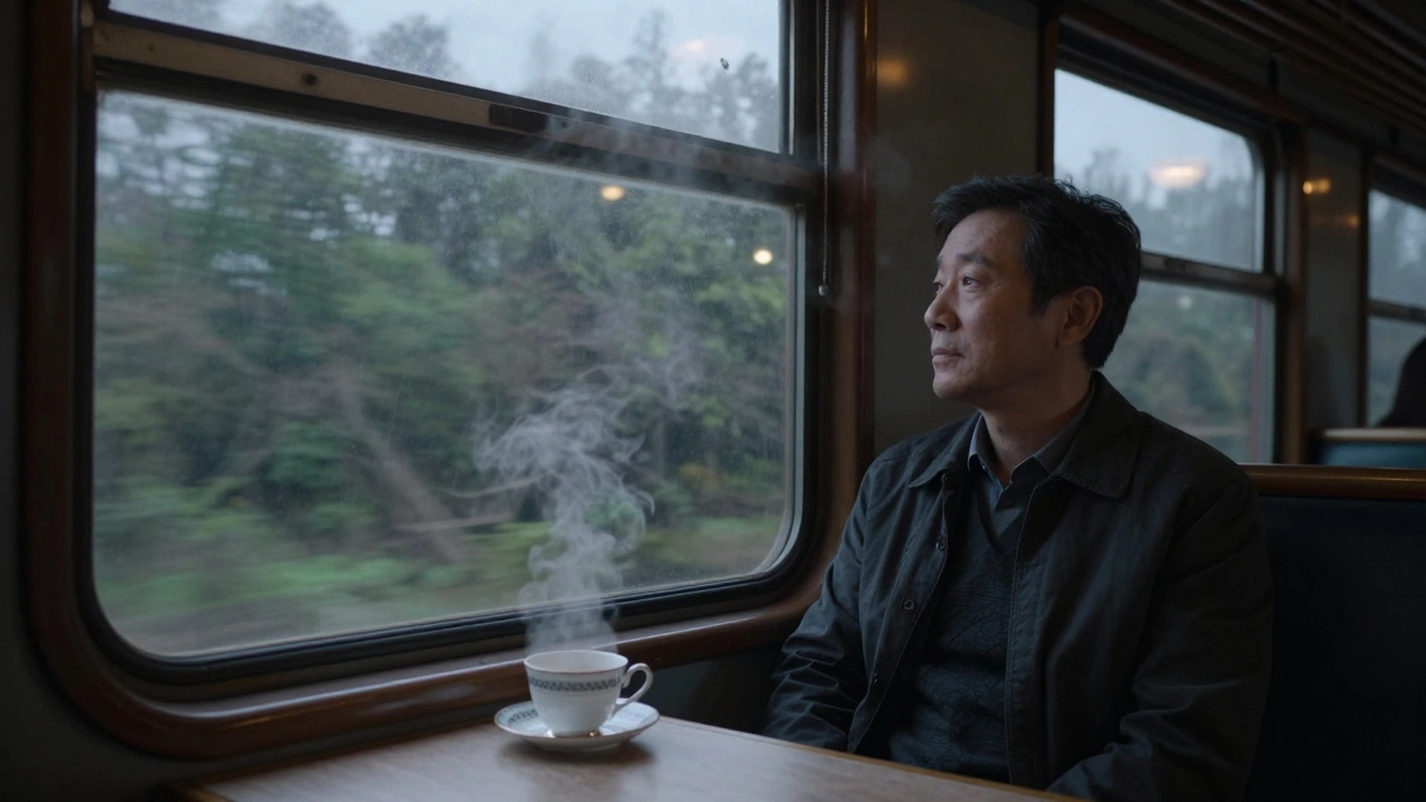 Мужчина в старом вагоне поезда пьет чай, за окном — мимо проплывают леса в сумерках.