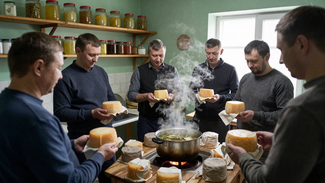 Мужчины выдерживают домашний сыр в тихой кухне с полками с заквасками.